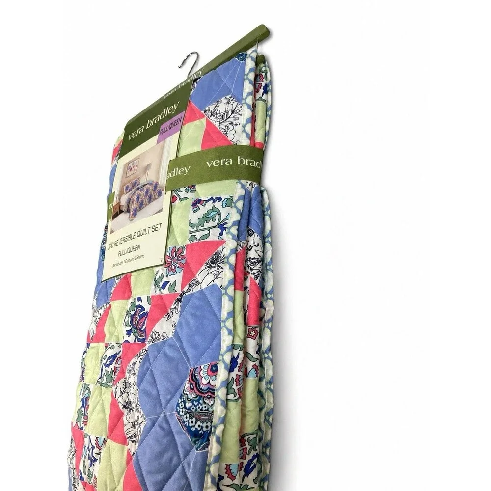 Vera Bradley Full Queen Quilt Set 3 Piece Reversible Floral Patchwork Blue Green